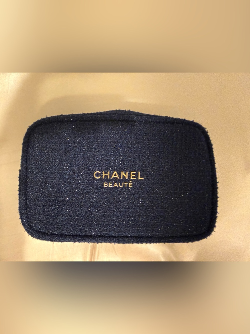CHANEL Navy Tweed Cosmetic Pouch with Gold Gardenia and Logo